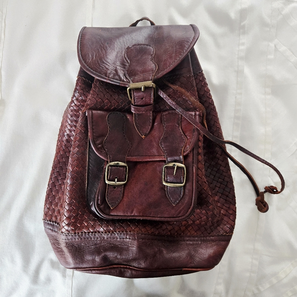 Vintage Burgundy Genuine Leather Small Woven Backpack